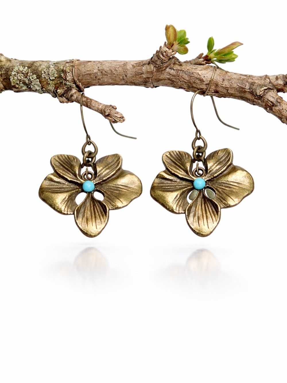 Turquoise Boho Brass Flower Earrings Antique Bronze Floral Dangle Vintage Style - Picture 5 of 7